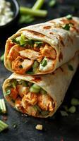 Delicious chicken wraps with fresh vegetables served on a dark background photo