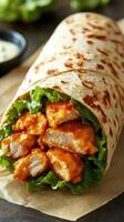 Delicious chicken wrap filled with crispy bites and fresh lettuce on a rustic table photo