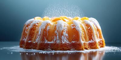Delicious bundt cake with citrus glaze and powdered sugar at a bright kitchen setting photo