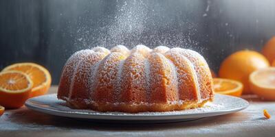 Sweet orange cake dusted with powdered sugar on a white plate surrounded by fresh oranges in a cozy kitchen setting photo