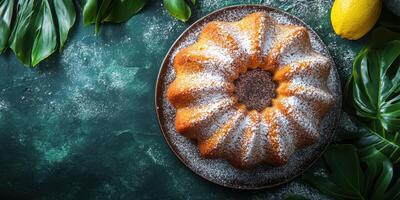 Delicious lemon bundt cake displayed on a dark plate surrounded by fresh leaves and a lemon photo
