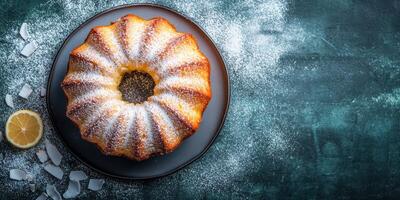 Delicious lemon bundt cake on a dark plate garnished with powdered sugar and lemon slices photo