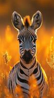 Striking zebra gazes through golden grass at sunset in the wild photo