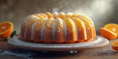 Freshly baked orange cake with icing served on a wooden platter surrounded by orange slices photo