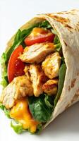 Fresh chicken wrap prepared with vegetables and cheese, ready to enjoy for a quick meal photo