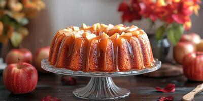 Delicious apple cider cake with caramel glaze and apple slices displayed on a glass plate in a cozy autumn setting photo