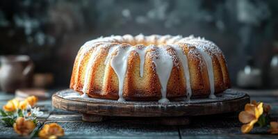 Delicious bundt cake topped with icing and adorned with flowers on a rustic wooden table in a cozy kitchen setting photo