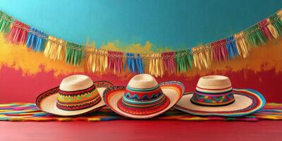 Colorful sombreros displayed against a vibrant backdrop featuring festive decorations and traditional patterns during a celebration photo