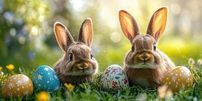 Two adorable rabbits sitting in a garden surrounded by colorful Easter eggs and flowers during a sunny day photo