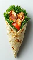 Delicious grilled chicken wrap with fresh vegetables in a soft tortilla photo