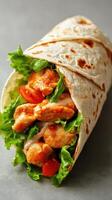 Freshly wrapped tortilla filled with grilled chicken, lettuce, and tomatoes for a tasty lunch option photo