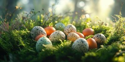 Colorful eggs nestled in greenery create a serene atmosphere during early morning light in a forest photo