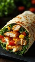 Delicious chicken wrap filled with fresh vegetables and savory sauce at a rustic restaurant photo