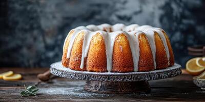 Delicious lemon bundt cake with icing on a rustic wooden table with citrus slices photo