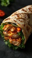 Savory grilled chicken wrap filled with fresh vegetables and herbs on a dark background photo