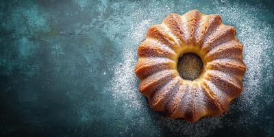 Bundt cake garnished with powdered sugar on a textured blue surface in an inviting kitchen setting photo