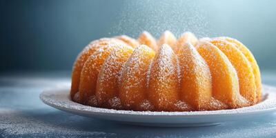 Delicious golden bundt cake with powdered sugar presented on a white plate, showcasing a tempting dessert ready to be enjoyed photo