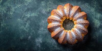 Delicious bundt cake dusted with powdered sugar, showcasing a perfect baked texture and inviting shape photo
