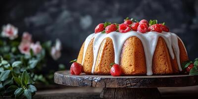 Delicious cake adorned with fresh strawberries and raspberries on a rustic wooden table photo