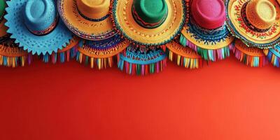 Colorful hats displayed against a bright red background in a festive setting celebrating cultural traditions with vibrant designs photo