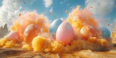 Colorful eggs burst in a vibrant cloud of dust in a surreal landscape during daytime photo