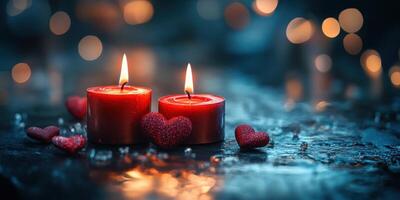Romantic setting with glowing candles and decorative hearts on a dark surface photo