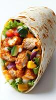 Spicy chicken wrap with fresh vegetables served on a white background with vibrant colors photo