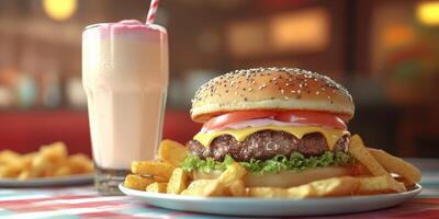 Delicious cheeseburger with fries and milkshake enjoyed at a cozy diner during lunchtime photo