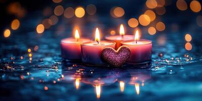 Candles and heart-shaped decoration create a romantic atmosphere with soft lighting and reflections during an evening setting photo