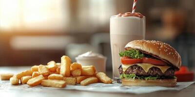 Delicious burger with fries and milkshake served in a cozy diner setting photo