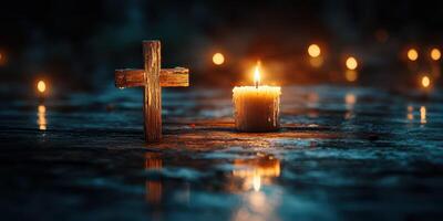 Candlelight vigil with wooden cross surrounded by glowing candles in a serene evening setting photo