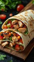 Delicious chicken wraps filled with fresh vegetables served on a wooden board photo