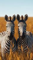 Two zebras standing side by side in a golden grass field under a clear blue sky during the day photo