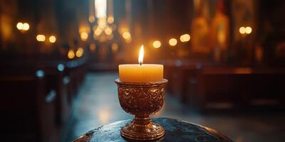 Candle burning in a dimly lit church, creating a serene atmosphere during evening worship photo