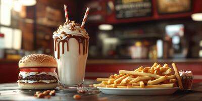 Delicious burger, creamy milkshake, and crispy fries served in a vibrant fast food restaurant photo