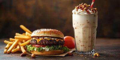 Delicious burger with fries and a creamy milkshake served on a rustic table photo
