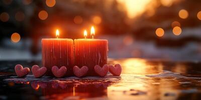 Warm candlelight and heart-shaped decorations create a romantic atmosphere at sunset photo