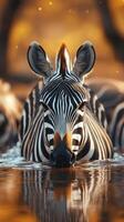 Majestic zebra cooling off in calm water during sunset in an African savannah photo