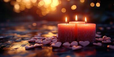 Romantic setting with three red candles surrounded by pink hearts at dusk photo