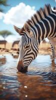 Zebra drinking water by a waterhole in the African savanna under a bright blue sky photo