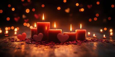 Romantic candle display with red hearts creating an intimate atmosphere for a special moment photo
