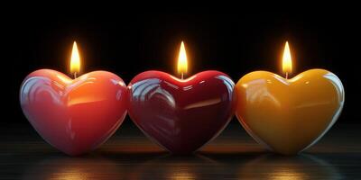 Vibrant heart-shaped candles glow warmly on a dark surface creating an inviting atmosphere photo