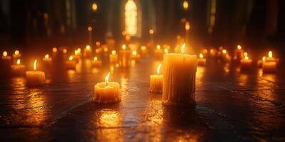 Warm candlelight illuminates an ancient stone hall during a serene evening gathering photo