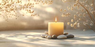 Serenity of a lit candle surrounded by pebbles and dried flowers in a softly illuminated space photo