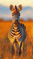Zebra stands confidently in golden grass at sunset, showcasing striking stripes and natural beauty photo