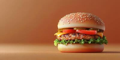 Juicy burger with fresh toppings served on a sesame seed bun against a warm background photo