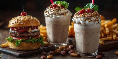 Delicious burger and milkshakes served with crispy fries at a cozy diner during the evening photo