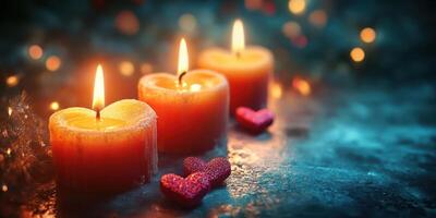 Warm candlelight and decorative hearts create a cozy atmosphere for a romantic evening at home photo