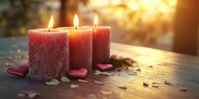 Romantic candlelight setting with heart-shaped decorations for a cozy evening photo