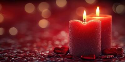 Romantic candles casting warm light on a festive red background with heart decorations for a special occasion photo